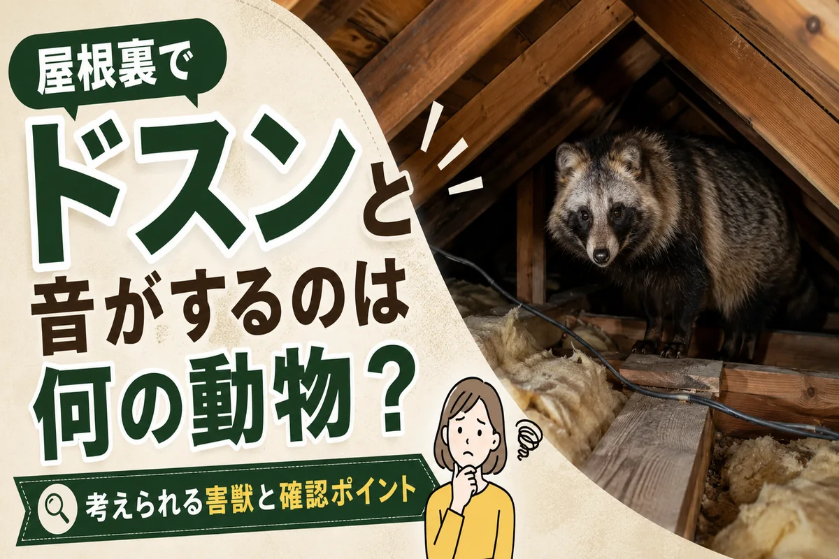 屋根裏でドスンと音がする原因として考えられる害獣と確認ポイントを示すアイキャッチ画像