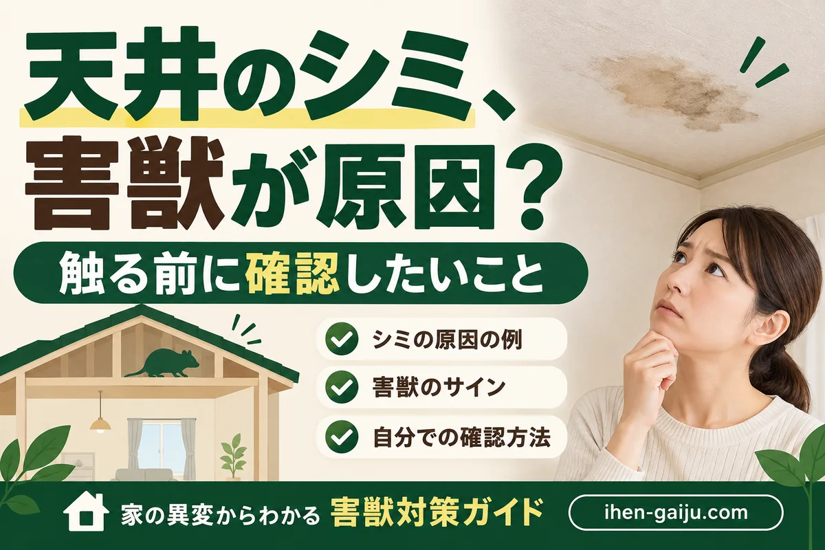 天井のシミから害獣被害の可能性を確認するポイントを示すアイキャッチ画像