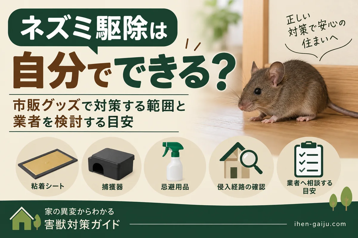 ネズミ駆除を自分で行う範囲と業者へ相談する目安を示すアイキャッチ画像