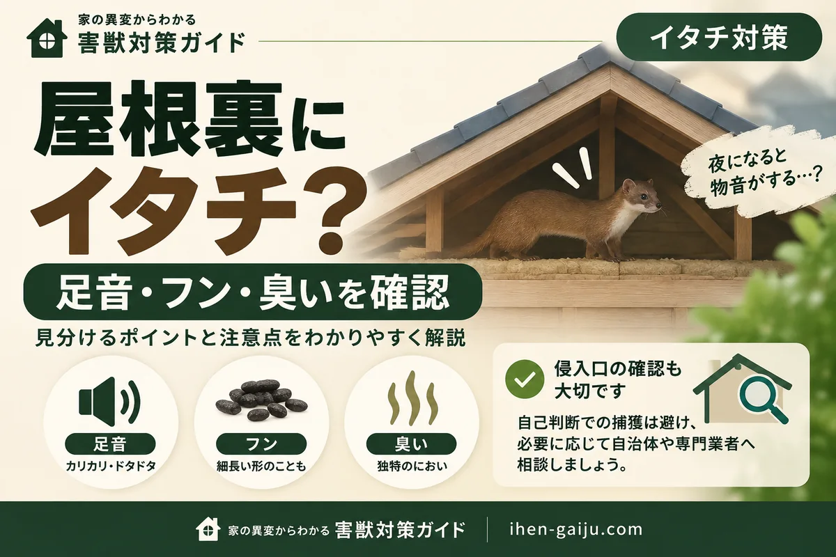 屋根裏のイタチを足音・フン・臭いから確認するポイントを示すアイキャッチ画像