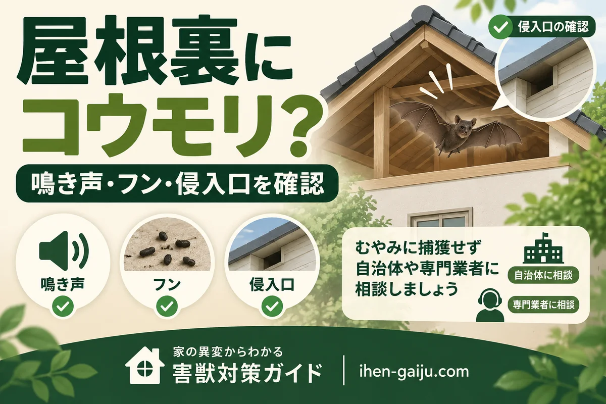 屋根裏のコウモリを鳴き声・フン・侵入口から確認するポイントを示すアイキャッチ画像