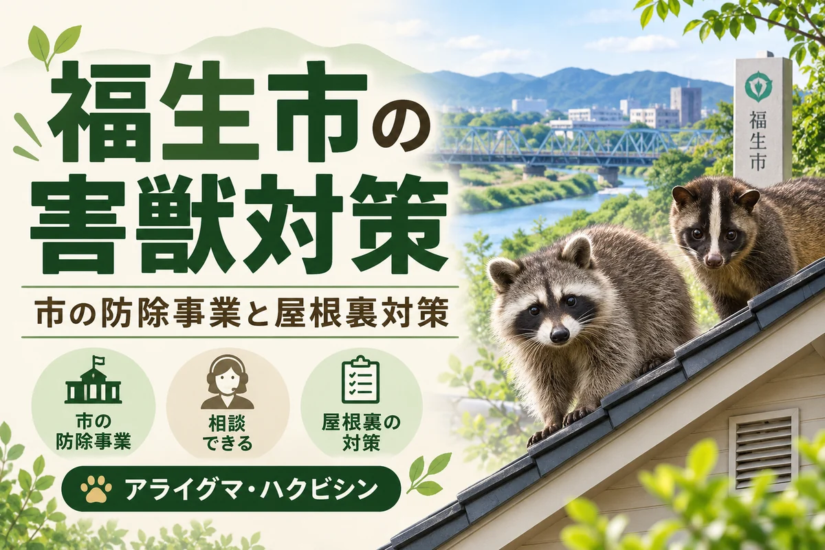 福生市の害獣駆除ガイド。アライグマ・ハクビシンの市の防除事業と屋根裏対策を案内する画像