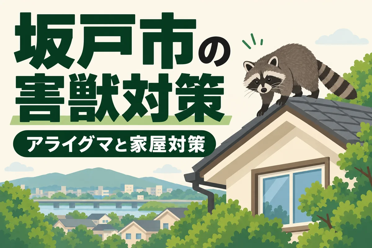 坂戸市の害獣対策。住宅の屋根にいるアライグマを描き、アライグマ被害と家屋対策を案内するイラスト